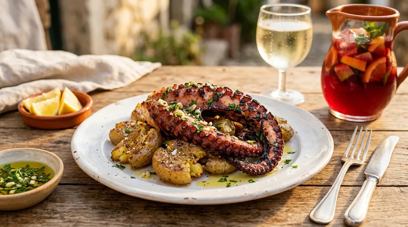 Polvo grelhado com batatas a murro na esplanada do Mir