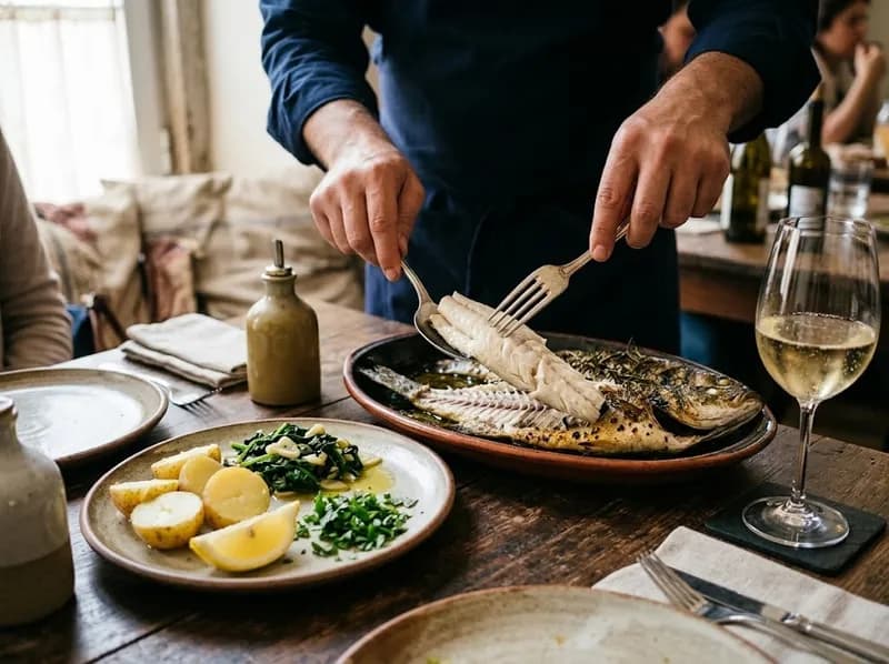 Peixe grelhado a ser arranjado à mesa