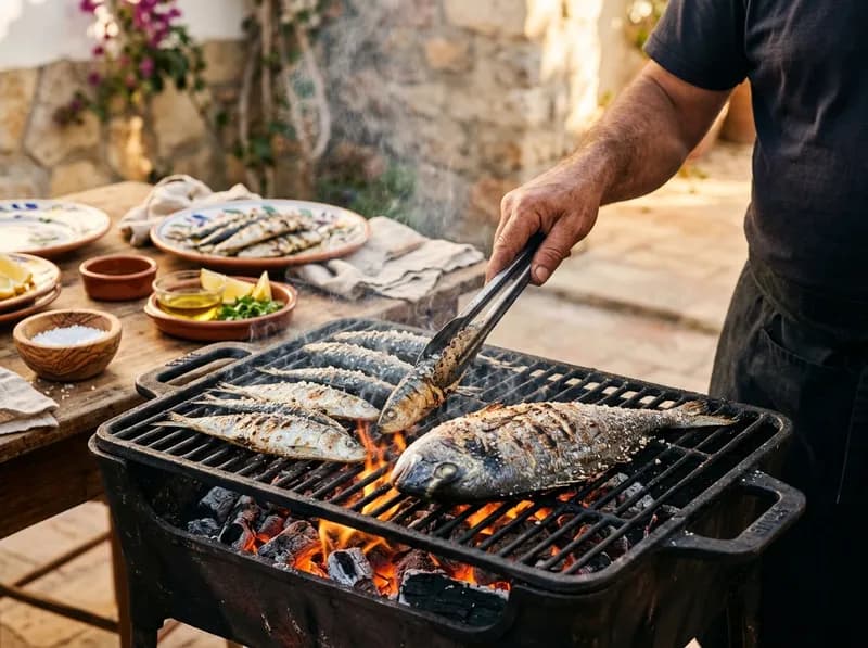 Sardinhas e peixe numa grelha a carvão